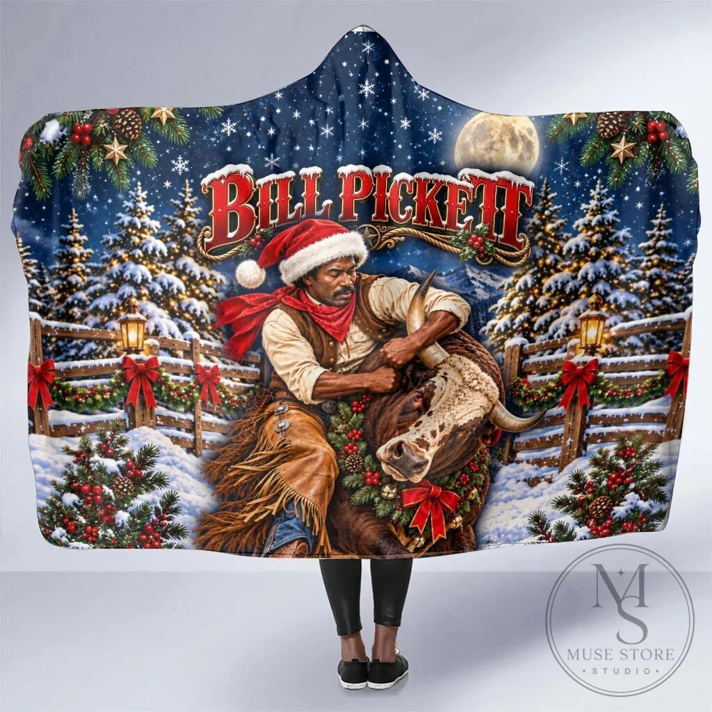 Bill Pickett Christmas Bull Rider Snowy Winter Western Rodeo Night Hooded Blanket