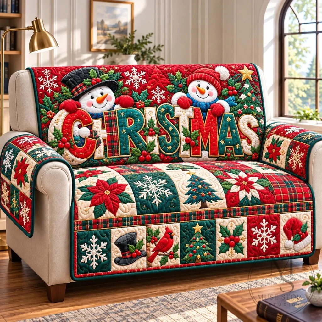 Christmas Snowman Winter Cheer Quilted Sofa Slipcover Christmas Snowman Winter Cheer Quilted Sofa Slipcover