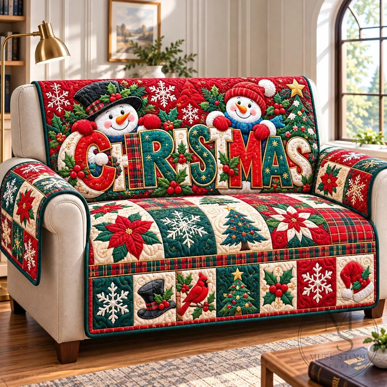 Christmas Snowman Winter Cheer Quilted Sofa Slipcover