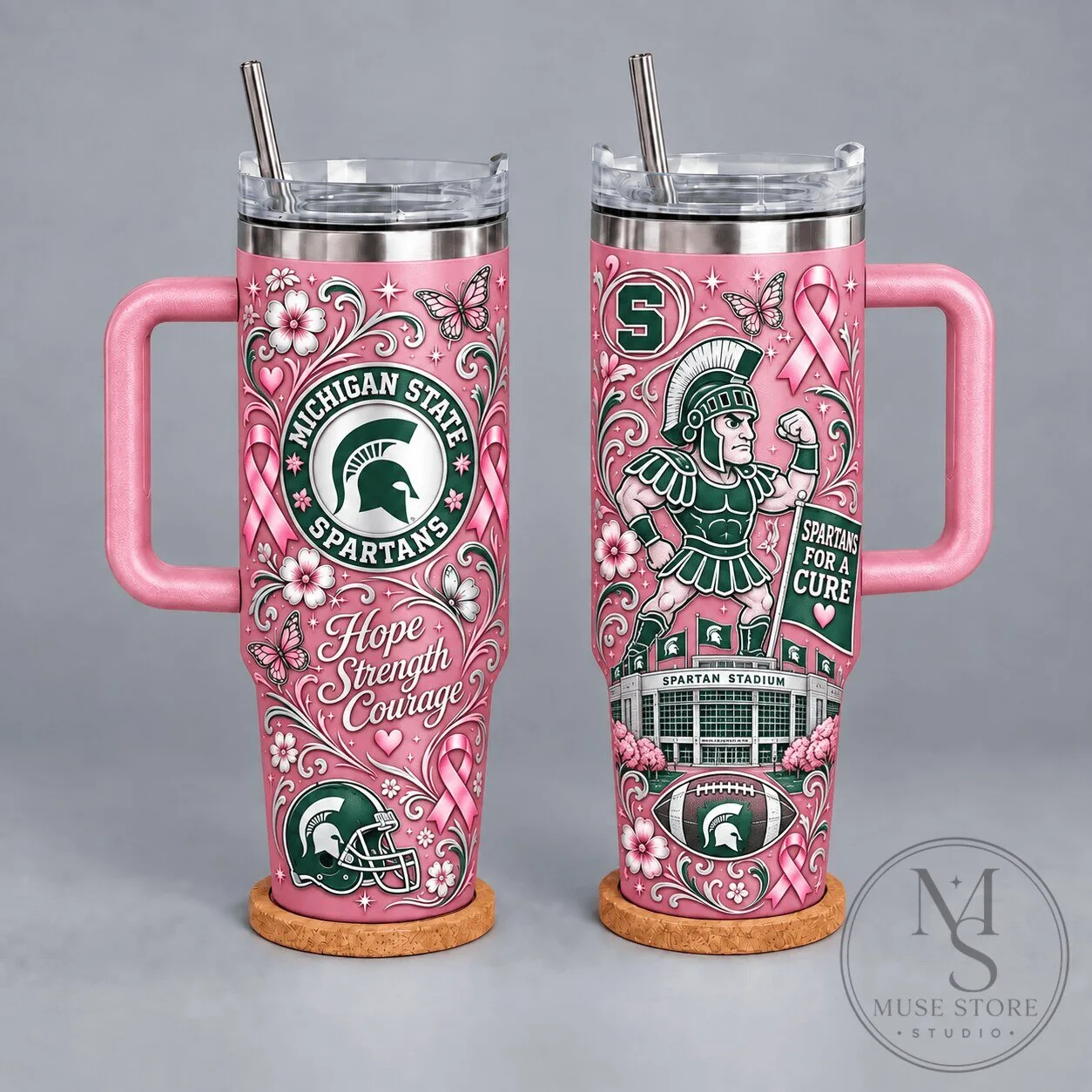 Michigan State Spartans Breast Cancer Awareness Hope Strength Courage Tumbler