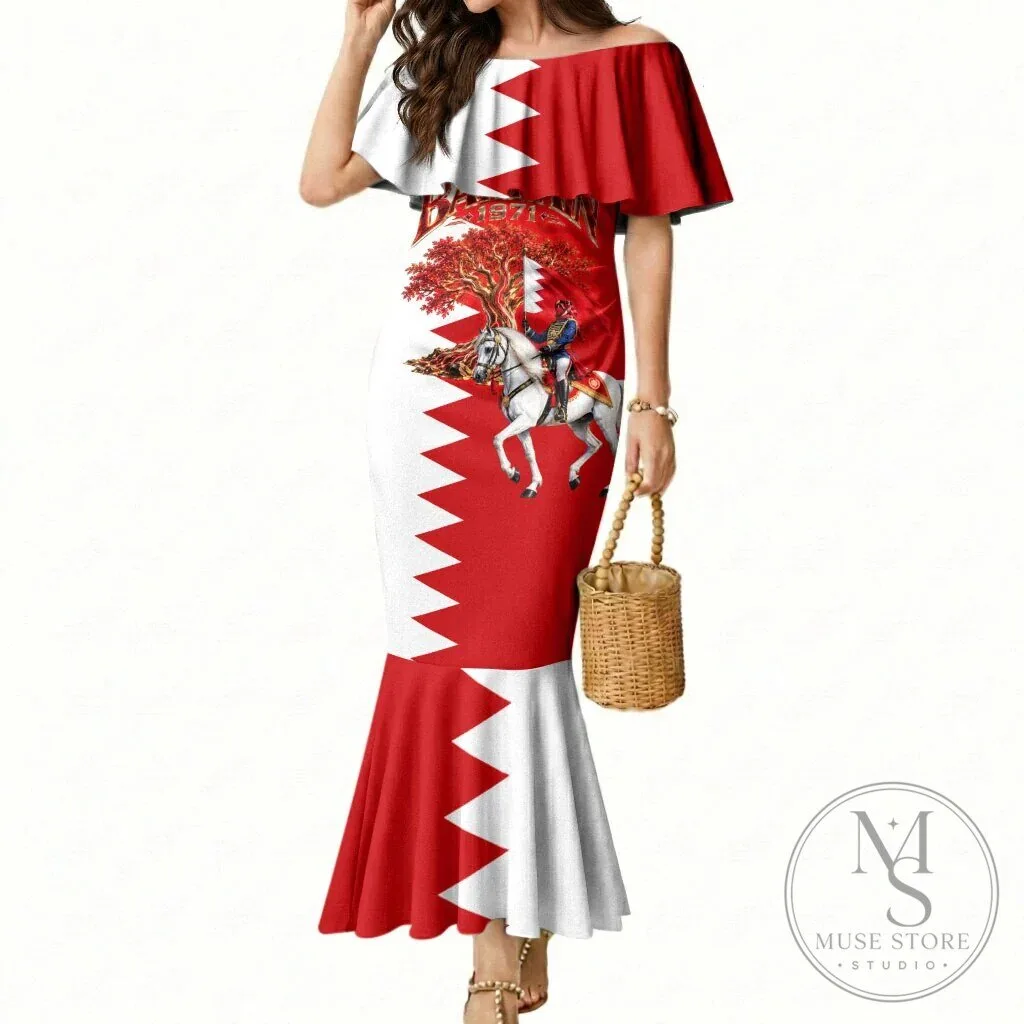 Bahrain National Day Flag Off-Shoulder Mermaid Maxi Dress