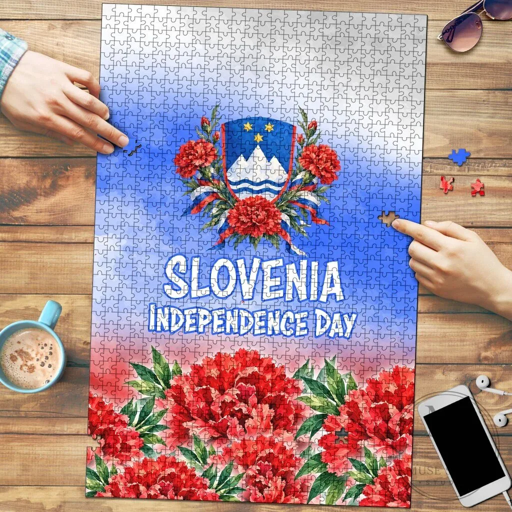 Slovenia Independence Day White Lipizzan Horse Red Carnation Emblem Jigsaw Puzzle