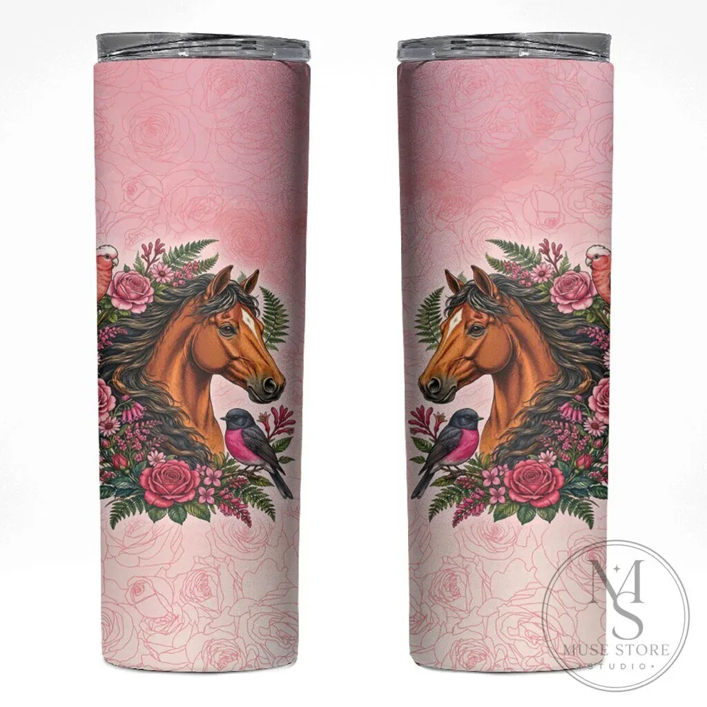 Elegant Horse and Pink Rose Wreath Skinny Tumbler with Australian Birds