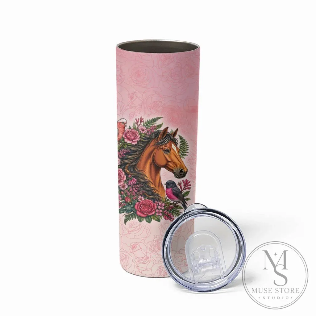 Elegant Horse and Pink Rose Wreath Skinny Tumbler with Australian Birds 10 Elegant Horse and Pink Rose Wreath Skinny Tumbler with Australian Birds