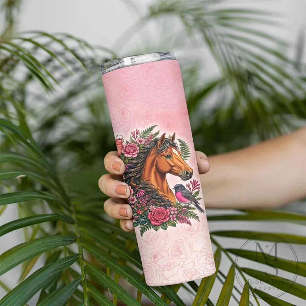 Elegant Horse and Pink Rose Wreath Skinny Tumbler with Australian Birds 11 Elegant Horse and Pink Rose Wreath Skinny Tumbler with Australian Birds