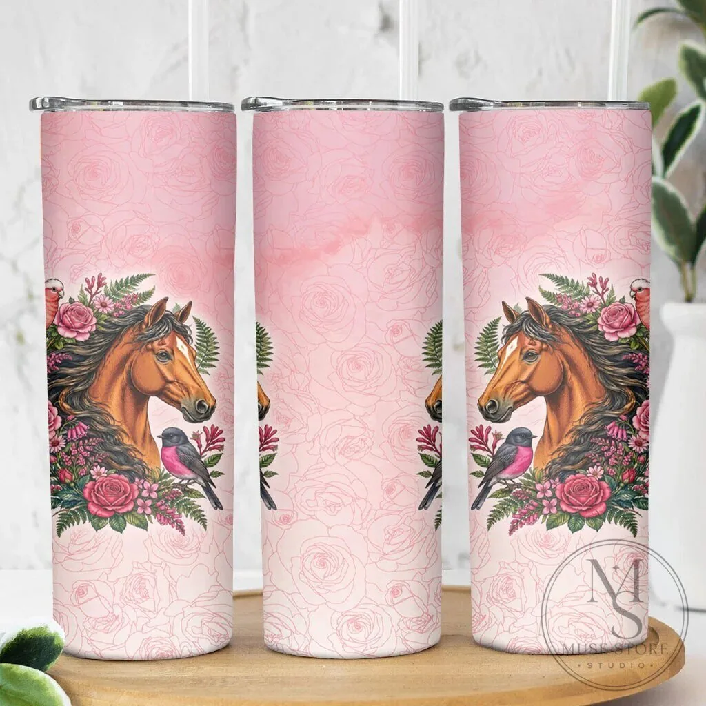Elegant Horse and Pink Rose Wreath Skinny Tumbler with Australian Birds 12 Elegant Horse and Pink Rose Wreath Skinny Tumbler with Australian Birds