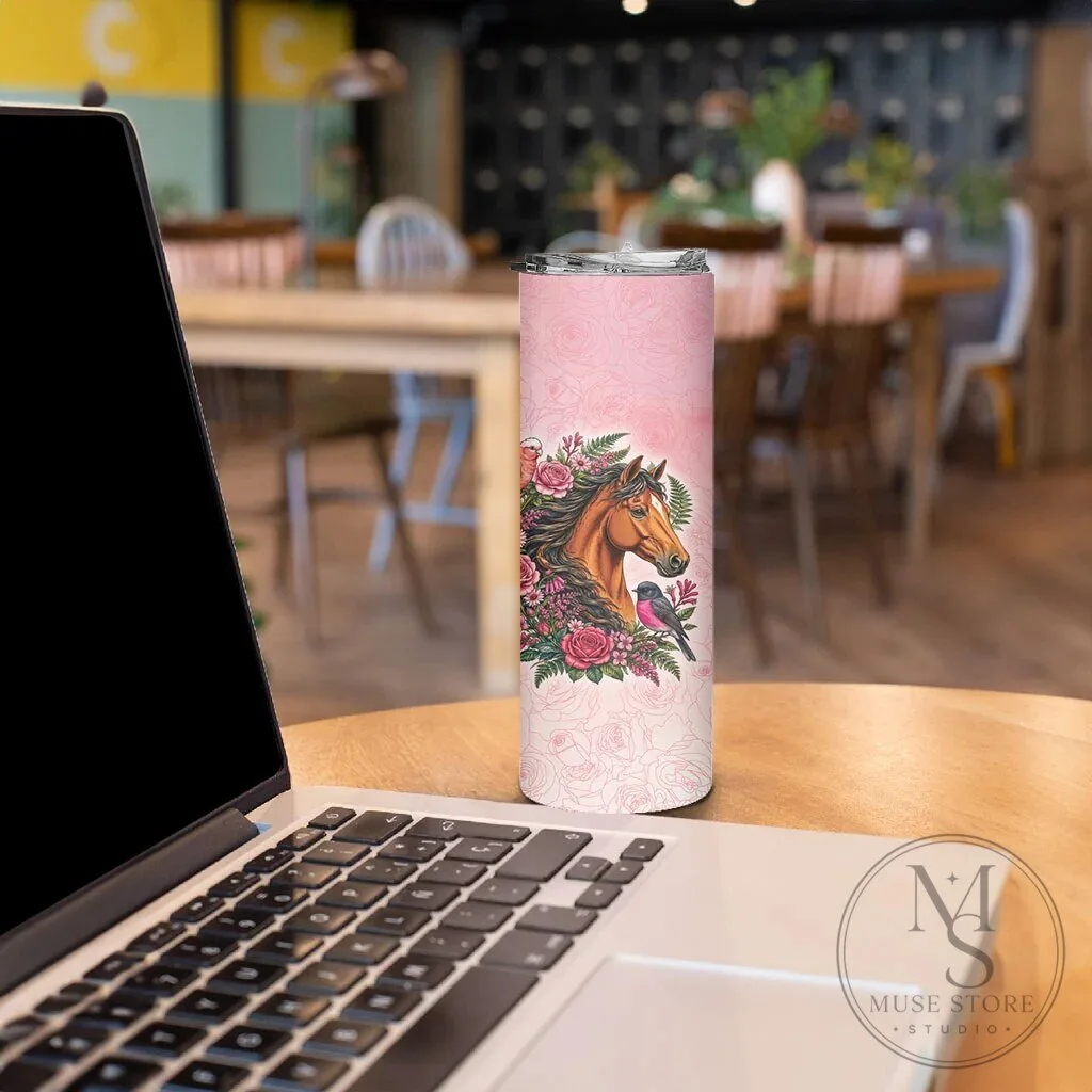 Elegant Horse and Pink Rose Wreath Skinny Tumbler with Australian Birds 13 Elegant Horse and Pink Rose Wreath Skinny Tumbler with Australian Birds