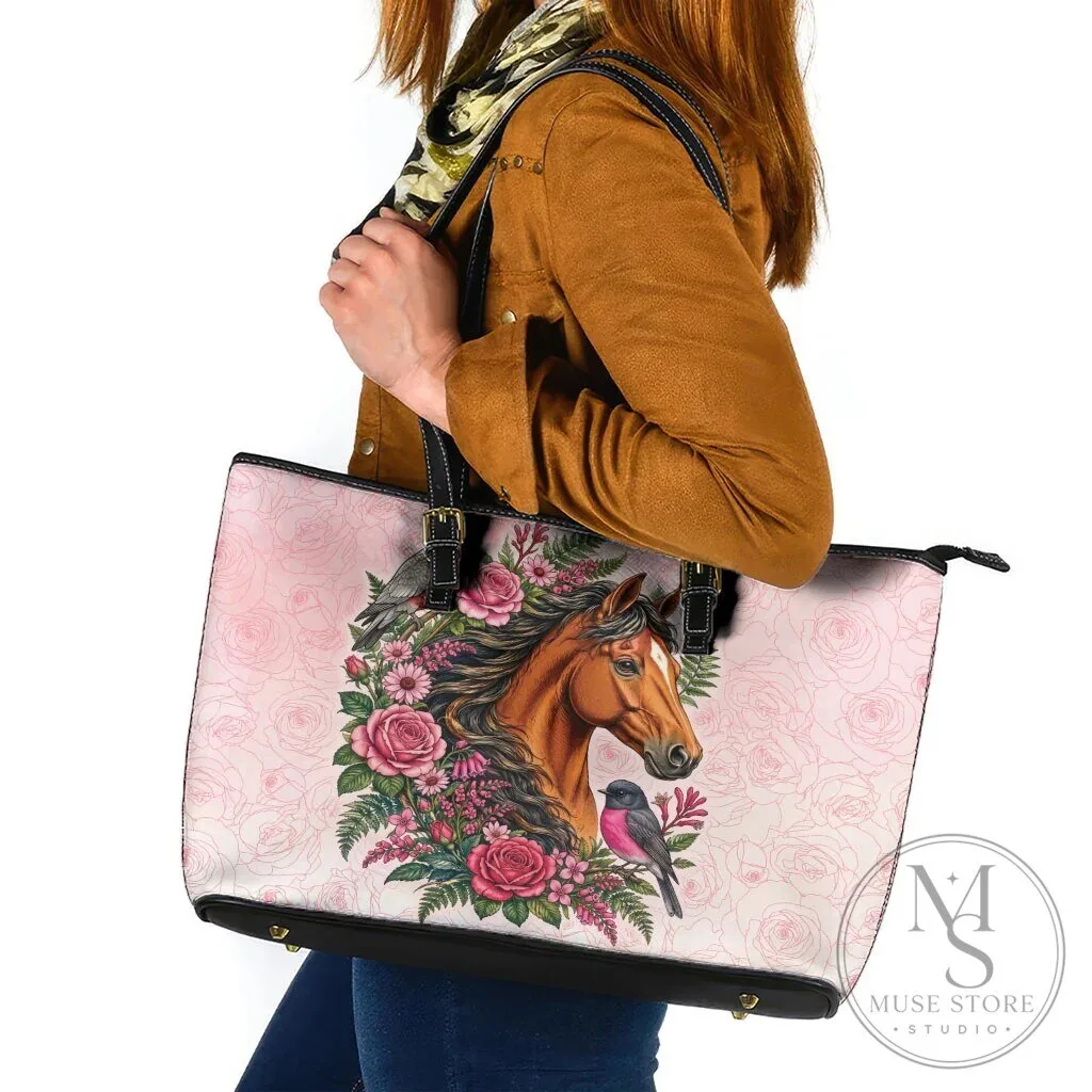Horse and Pink Rose Wreath Floral Leather Tote Bag
