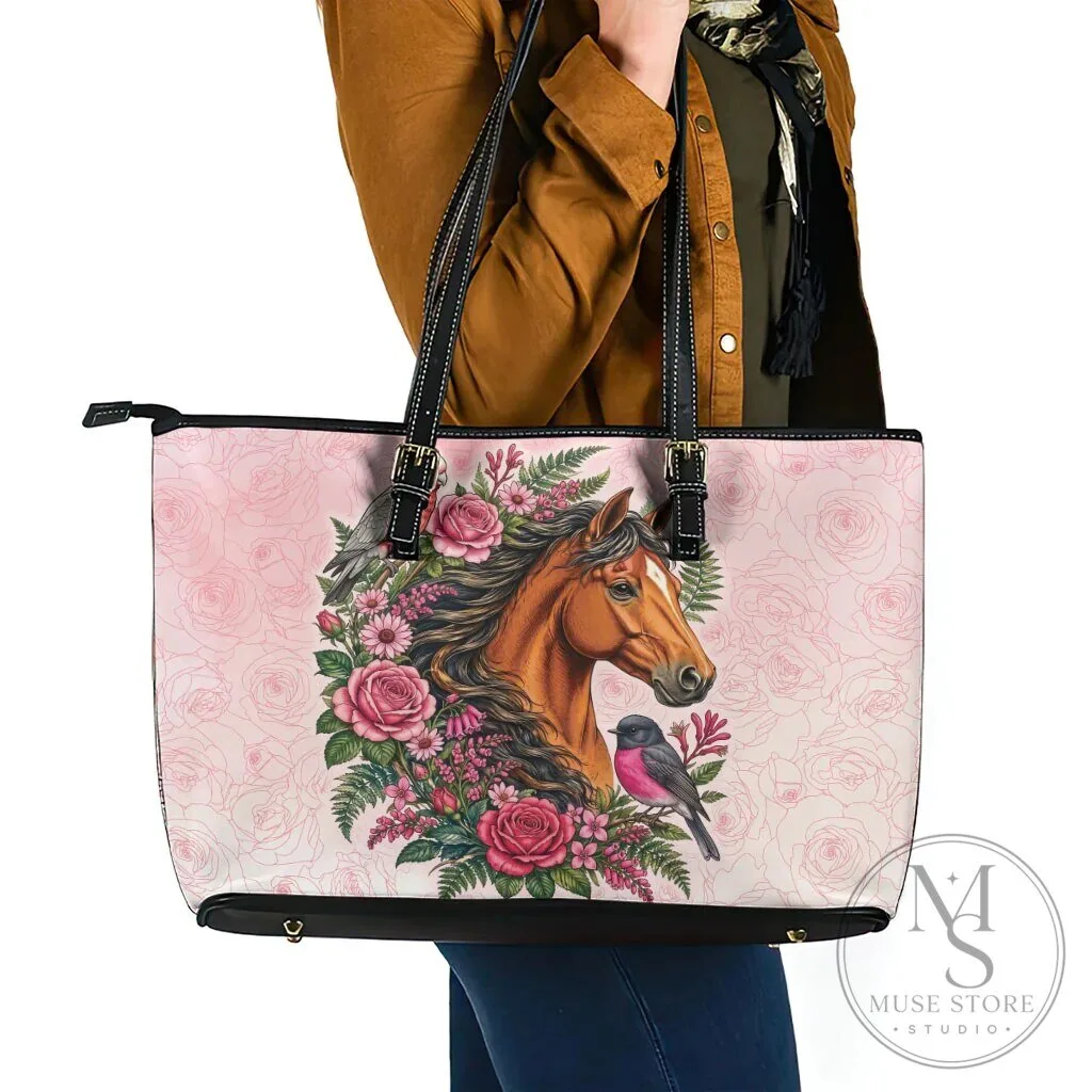 Horse and Pink Rose Wreath Floral Leather Tote Bag 11 Horse and Pink Rose Wreath Floral Leather Tote Bag