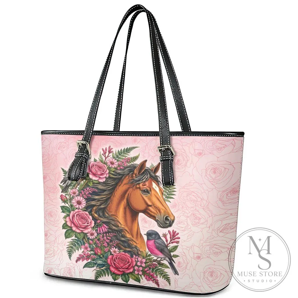 Horse and Pink Rose Wreath Floral Leather Tote Bag 13 Horse and Pink Rose Wreath Floral Leather Tote Bag