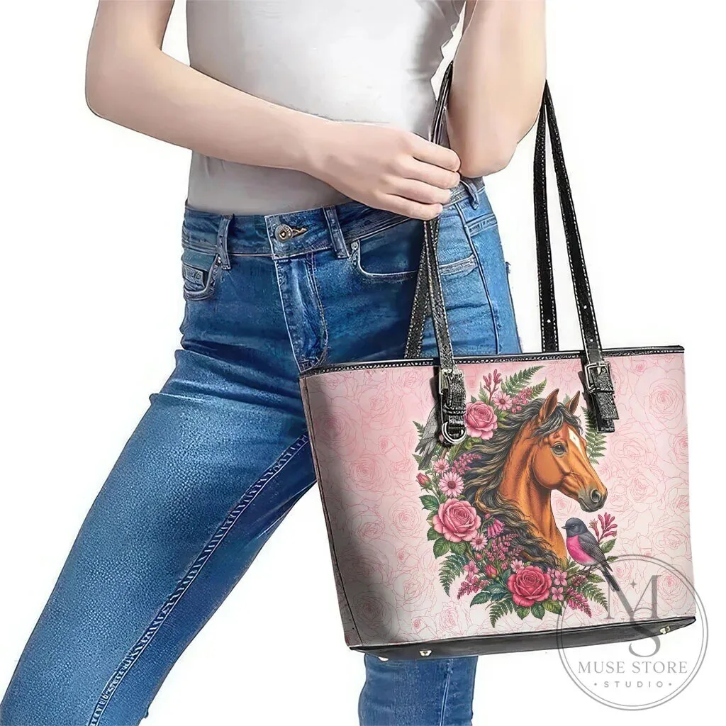 Horse and Pink Rose Wreath Floral Leather Tote Bag 14 Horse and Pink Rose Wreath Floral Leather Tote Bag