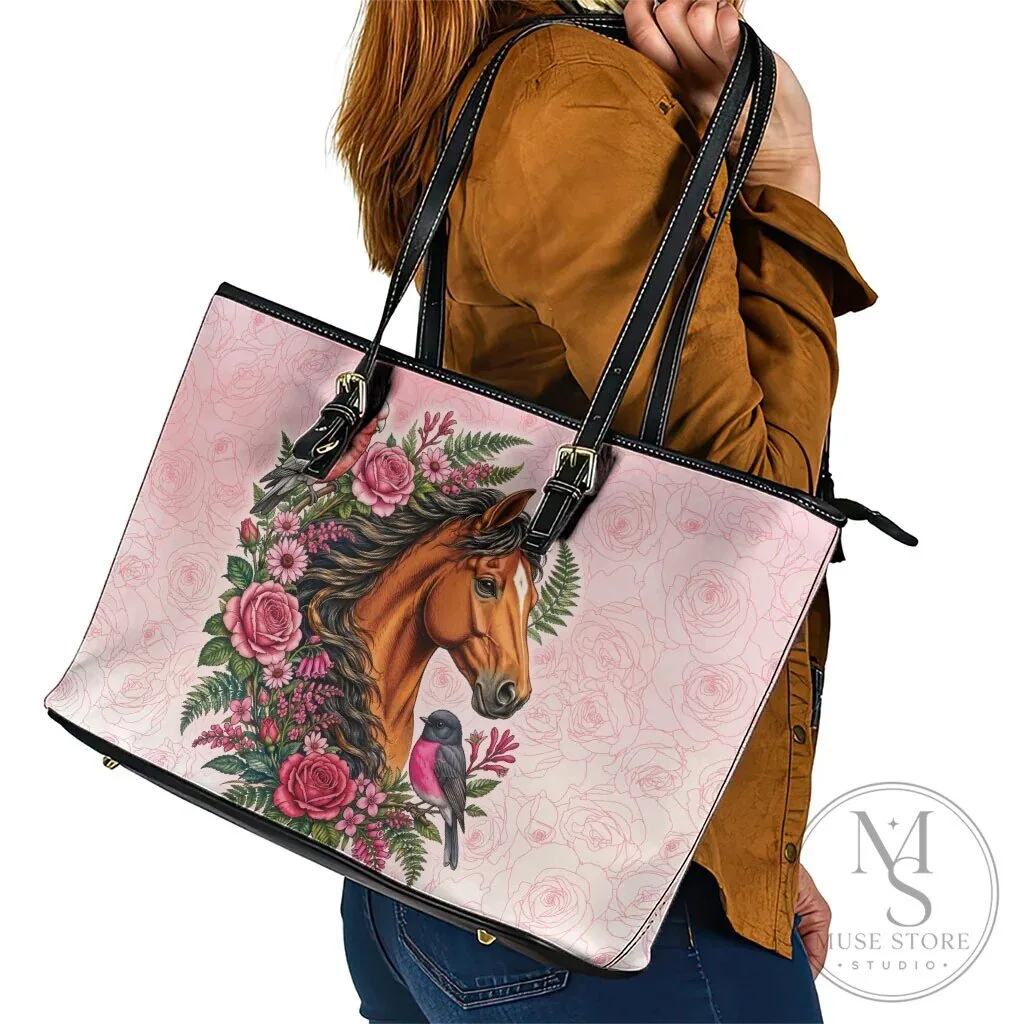 Horse and Pink Rose Wreath Floral Leather Tote Bag 15 Horse and Pink Rose Wreath Floral Leather Tote Bag