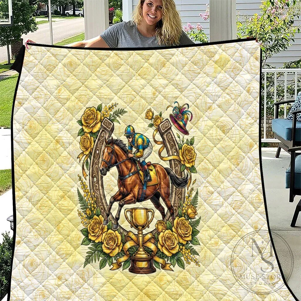 Melbourne Horse Race Yellow Rose Floral Horseshoe Jockey Quilt Blanket