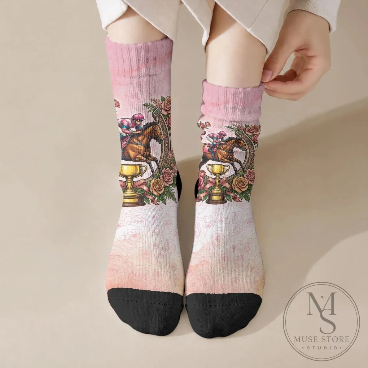 Melbourne Horse Racing Jockey and Floral Horseshoe Pink Rose Crew Socks
