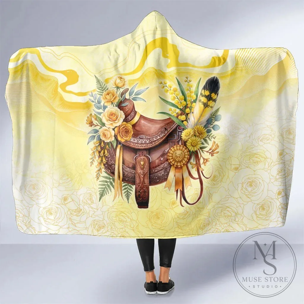 Horse Saddle Floral Yellow Rose Wattle Flowers Hooded Blanket