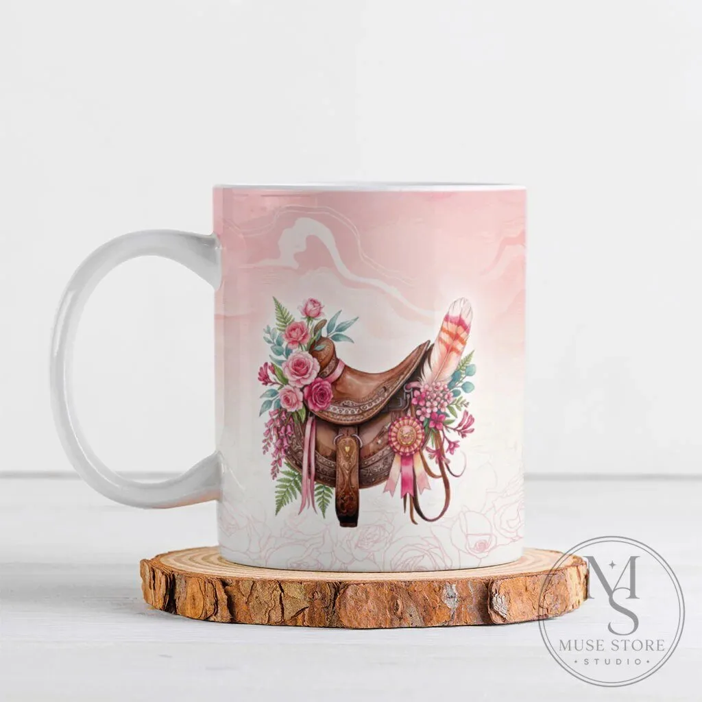 Western Floral Horse Saddle Pink Rose Flowers Ceramic Coffee Mug 4 Western Floral Horse Saddle Pink Rose Flowers Ceramic Coffee Mug