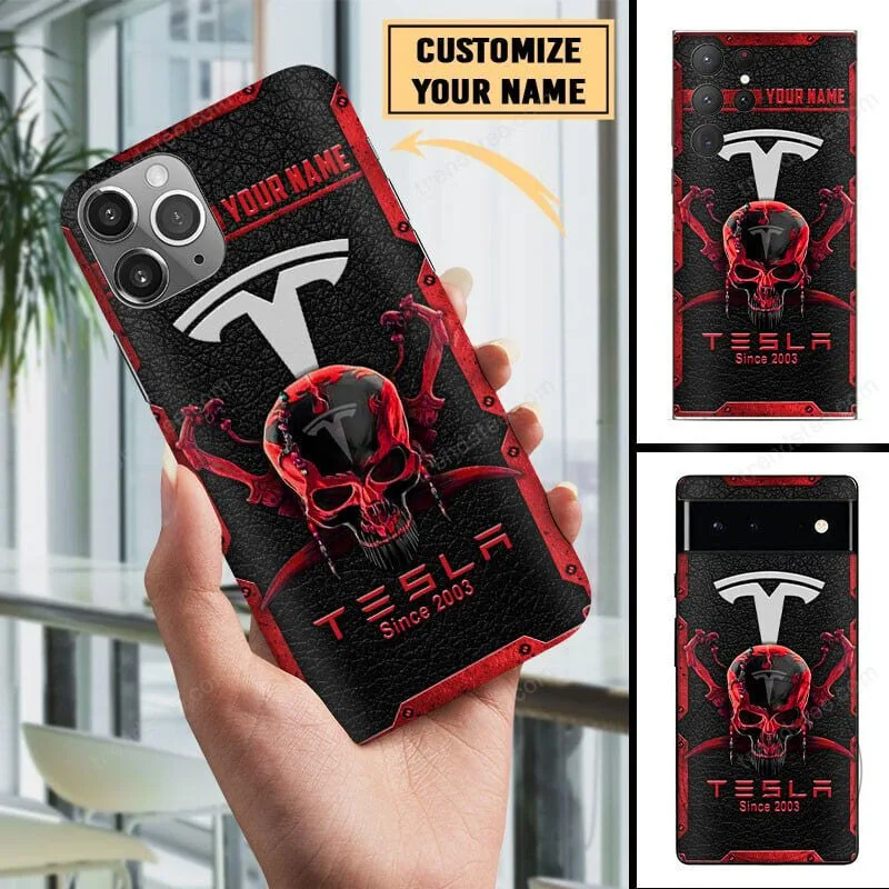Tesla Red Skull Custom Name Phone Case for iPhone and Samsung Galaxy