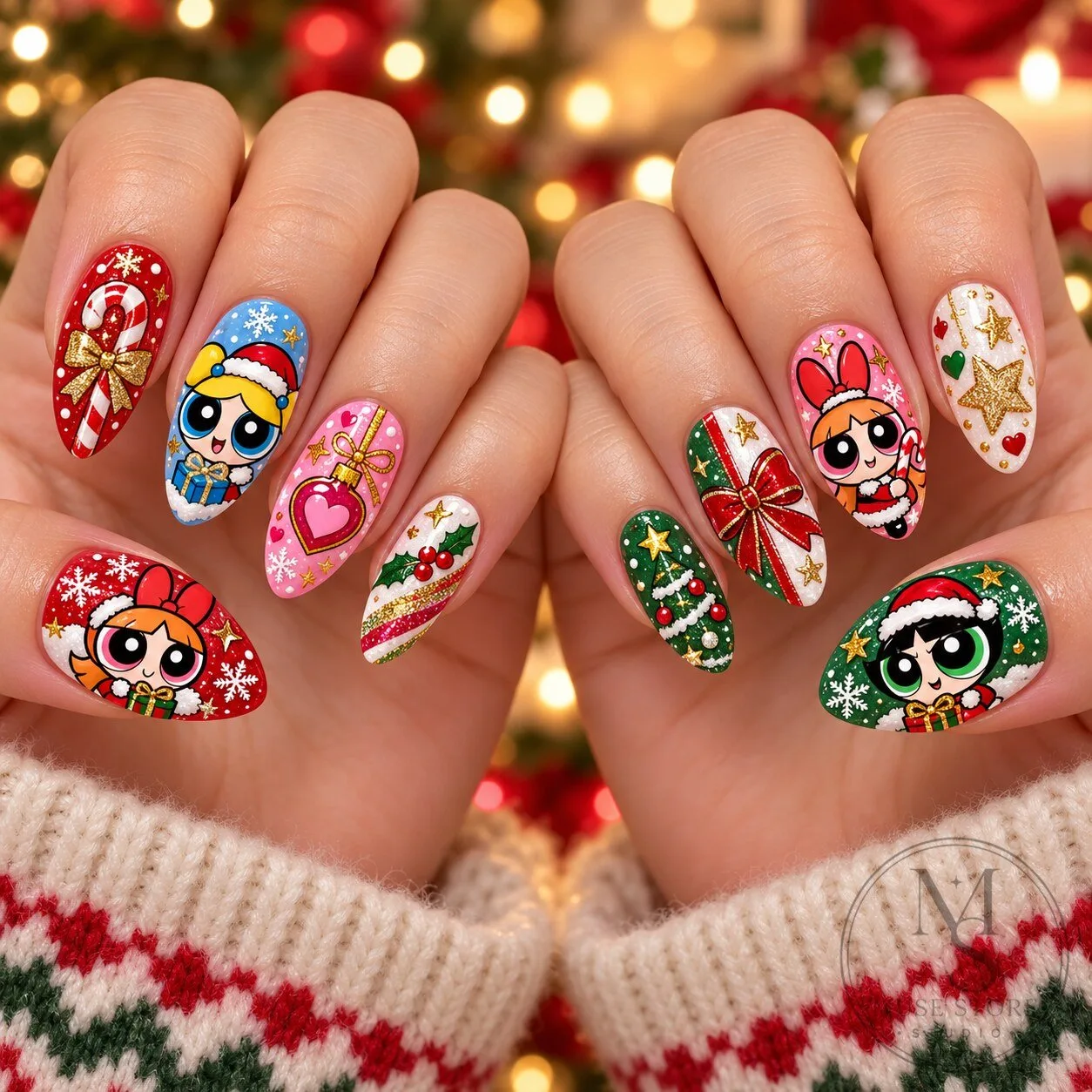 Powerpuff Girls Christmas Holiday Cartoon Press On Nails Set