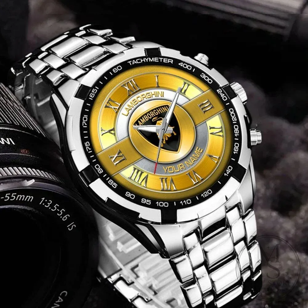 Lamborghini Custom Name Gold Dial Stainless Steel Watch for Men
