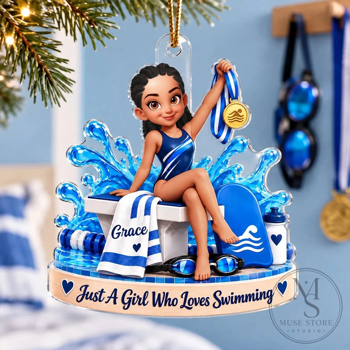 Custom Swimmer Girl with Medal Personalized Christmas Tree Ornament 17 Custom Swimmer Girl with Medal Personalized Christmas Tree Ornament