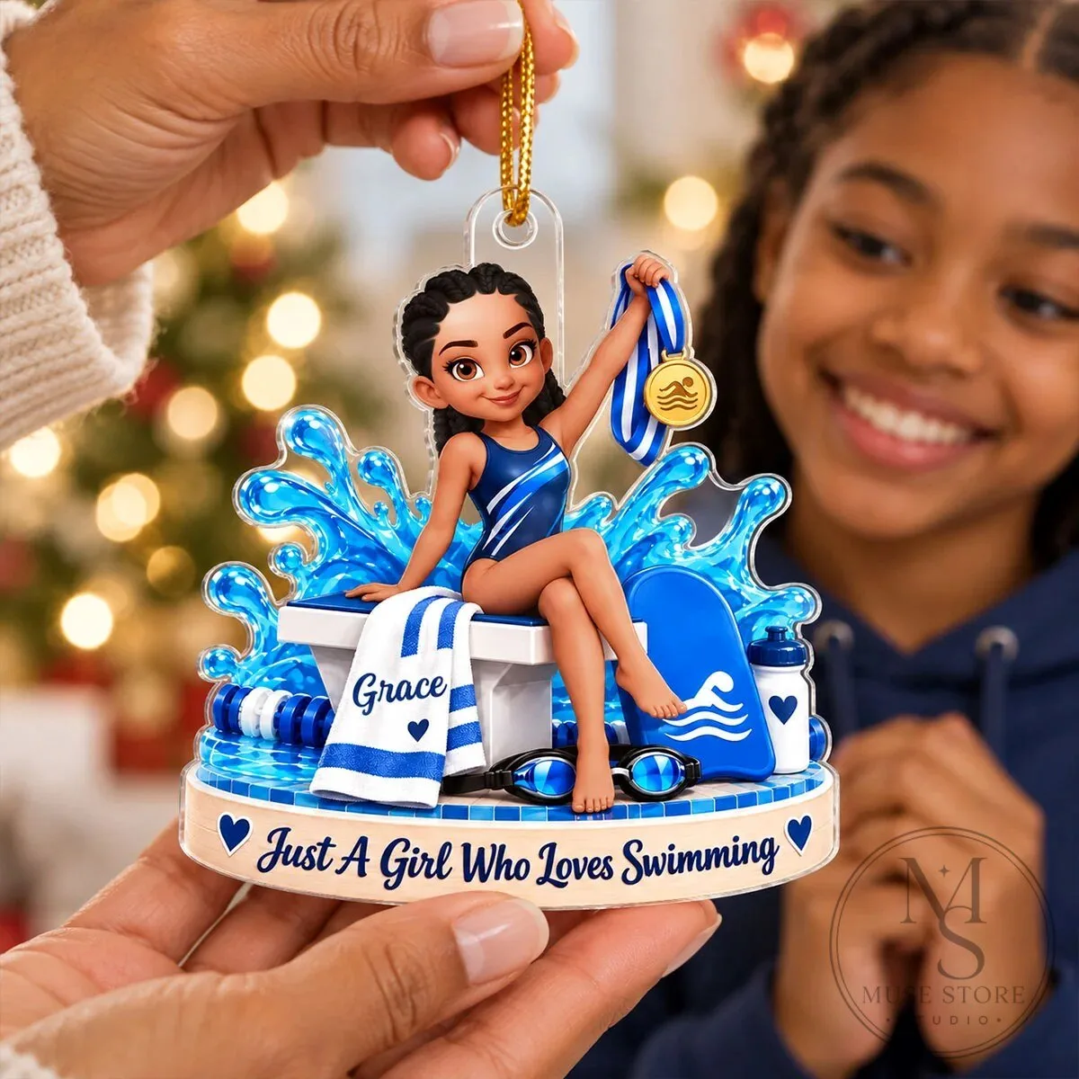 Custom Swimmer Girl with Medal Personalized Christmas Tree Ornament 22 Custom Swimmer Girl with Medal Personalized Christmas Tree Ornament
