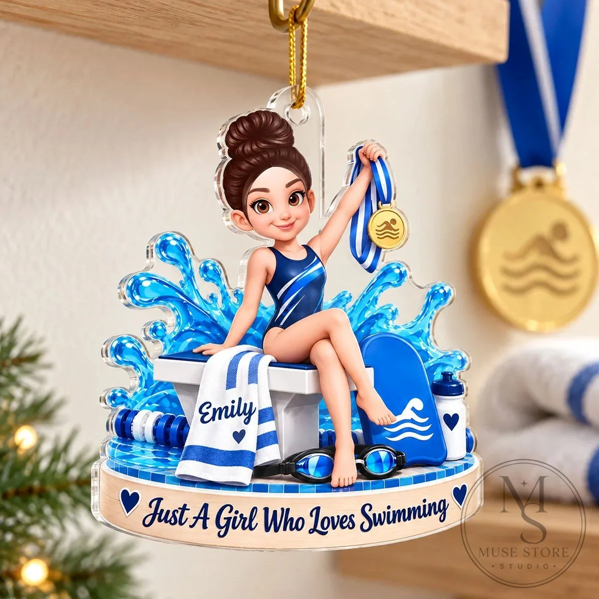 Custom Swimmer Girl with Medal Personalized Christmas Tree Ornament 24 Custom Swimmer Girl with Medal Personalized Christmas Tree Ornament