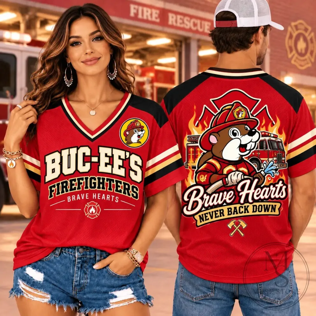 Buc-ee's Firefighters Brave Hearts Never Back Down Baseball Jersey Buc-ee's Firefighters Brave Hearts Never Back Down Baseball Jersey