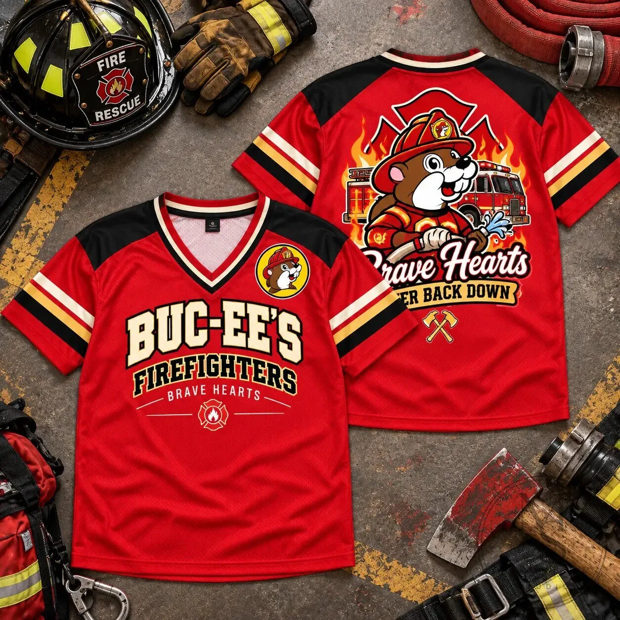 Buc-ee's Firefighters Brave Hearts Never Back Down Baseball Jersey