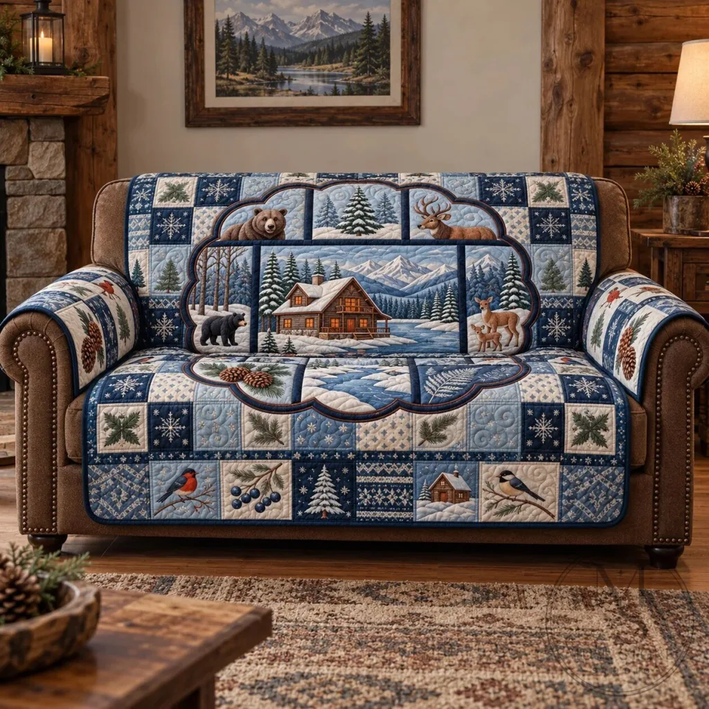 Winter Forest Cabin Bear Deer Patchwork Quilted Sofa Cover Winter Forest Cabin Bear Deer Patchwork Quilted Sofa Cover