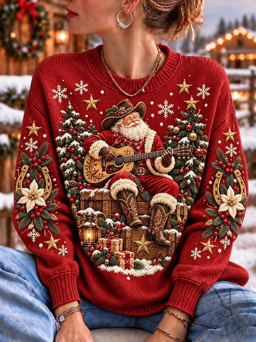 Western Santa Claus Playing Guitar Christmas Holiday Red Crewneck Sweatshirt 2 Western Santa Claus Playing Guitar Christmas Holiday Red Crewneck Sweatshirt
