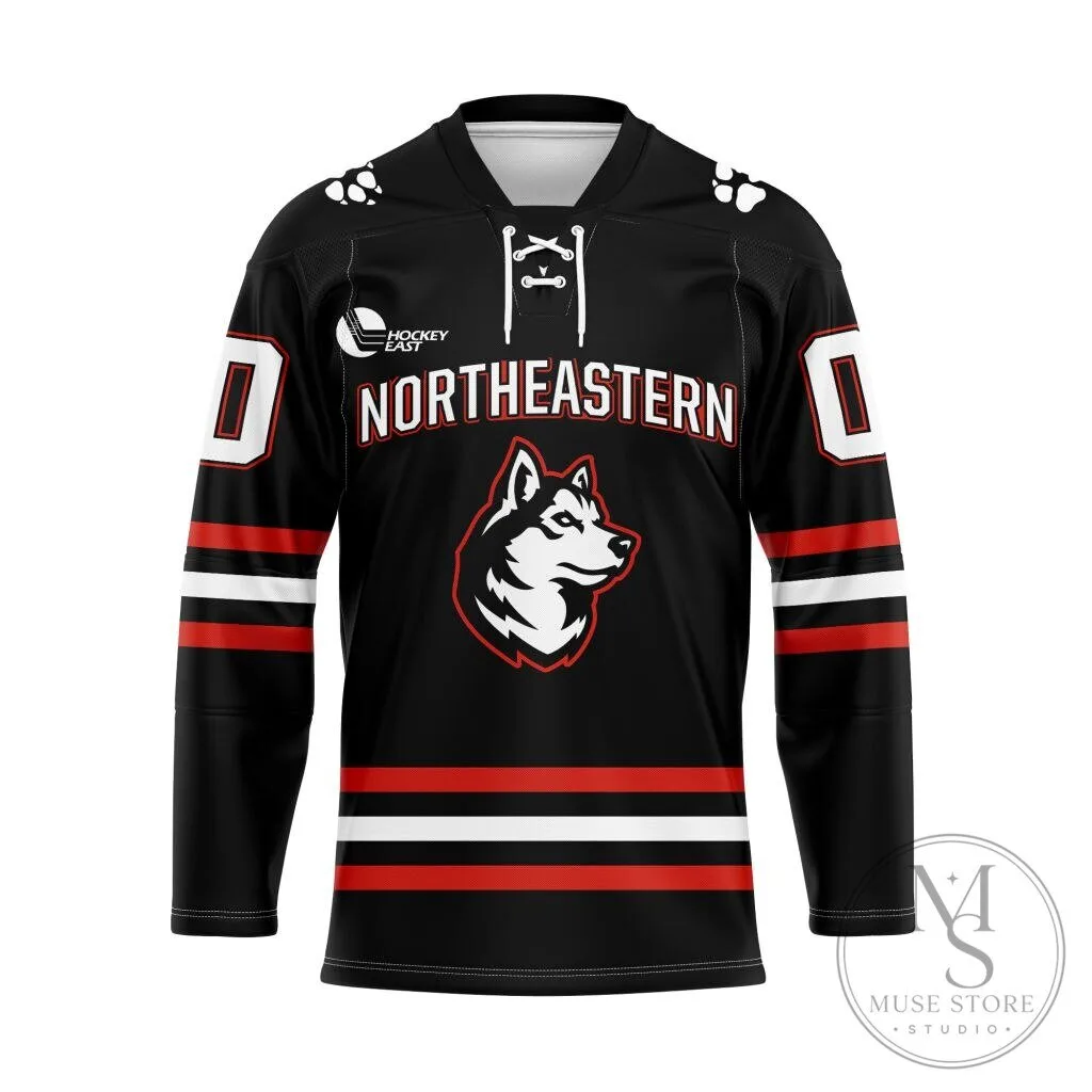 Northeastern Huskies Personalized Black Lace Hockey Jersey