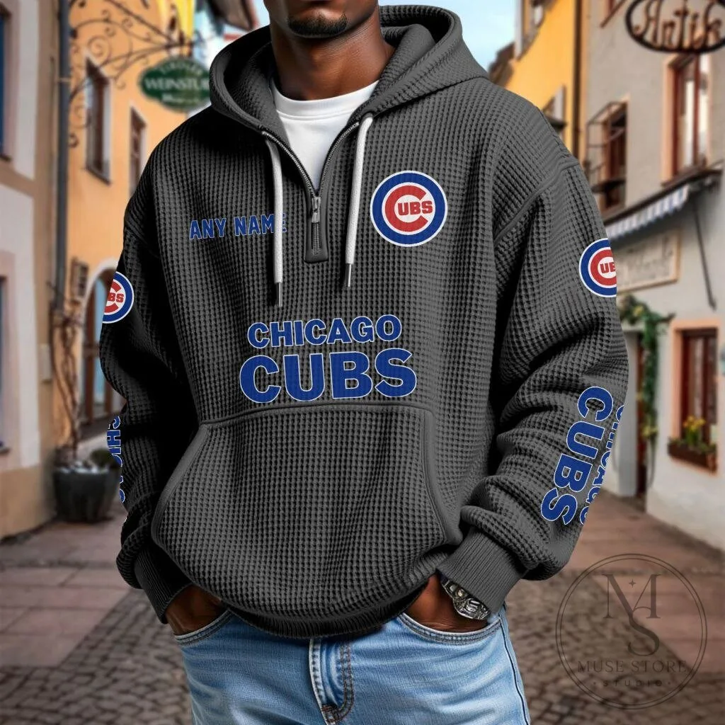 Chicago Cubs Baseball Team Waffle Knit Quarter Zip Hoodie