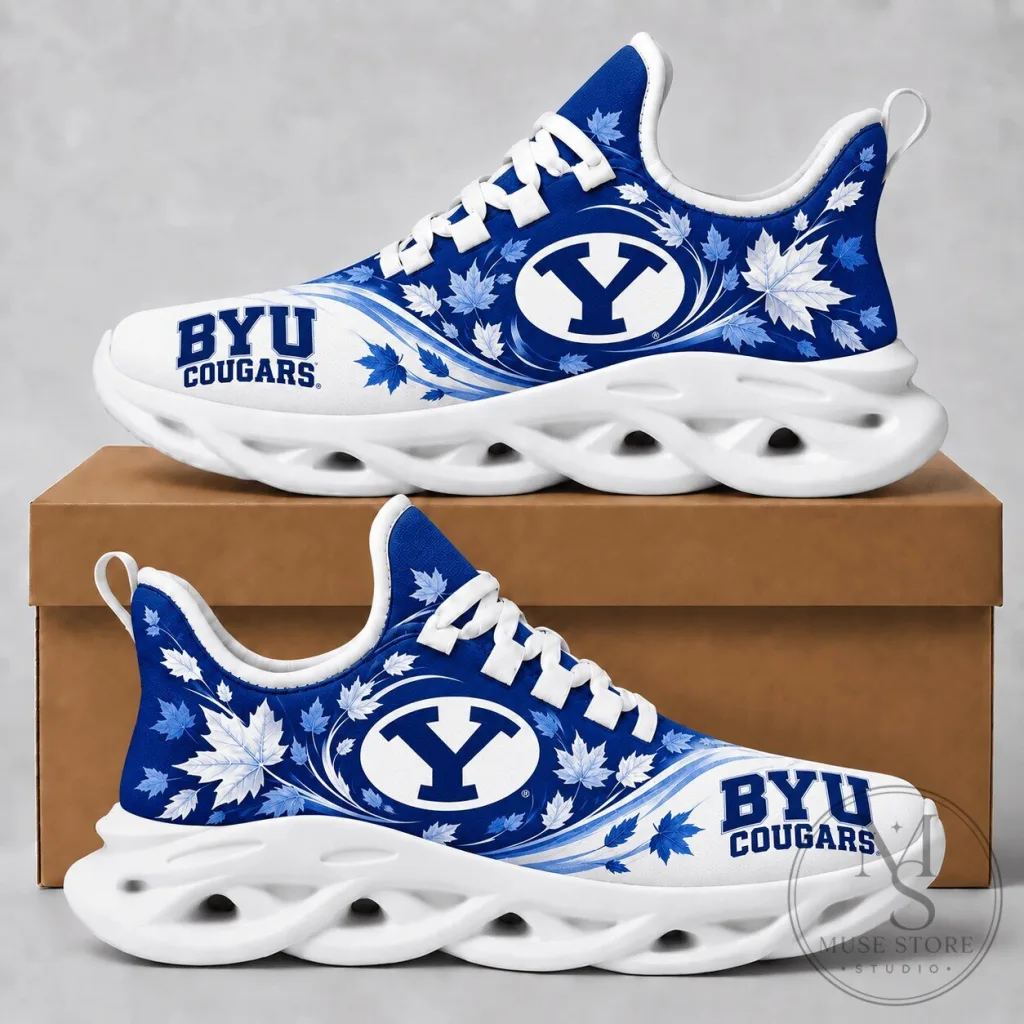 BYU Cougars Autumn Maple Leaves Pattern White Blue Sneakers BYU Cougars Autumn Maple Leaves Pattern White Blue Sneakers