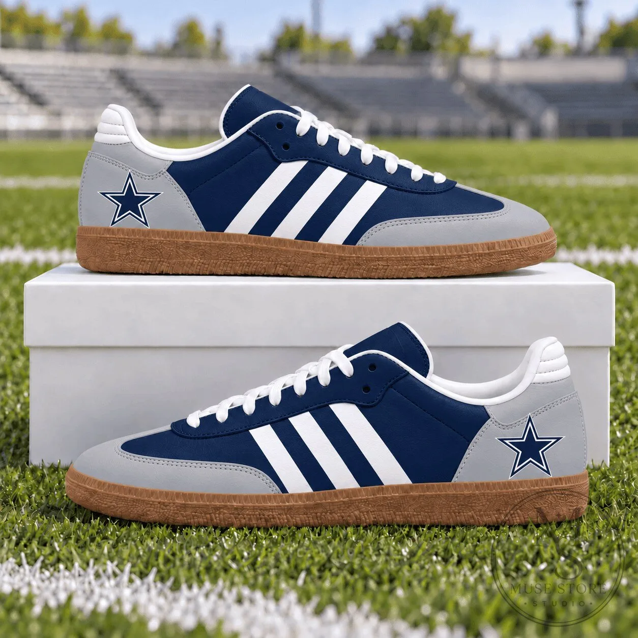 Dallas Cowboys Blue and Gray Football Team Logo White Stripes Shoes 1 Dallas Cowboys Blue and Gray Football Team Logo White Stripes Shoes
