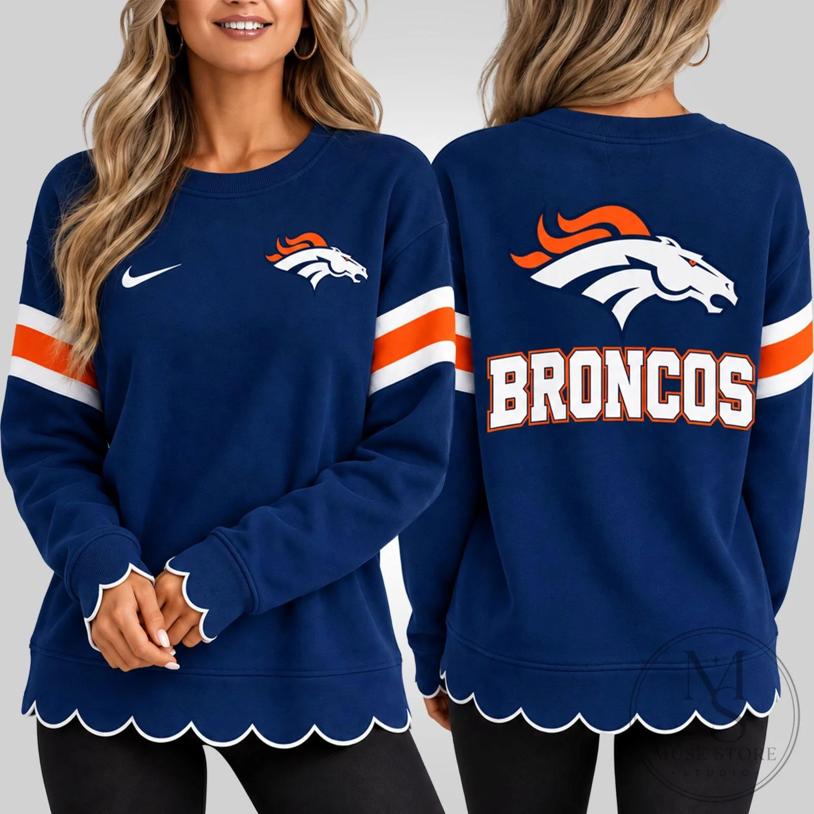 Denver Broncos Women's Nike Scalloped Hem Graphic Crewneck Sweatshirt 1 Denver Broncos Women's Nike Scalloped Hem Graphic Crewneck Sweatshirt