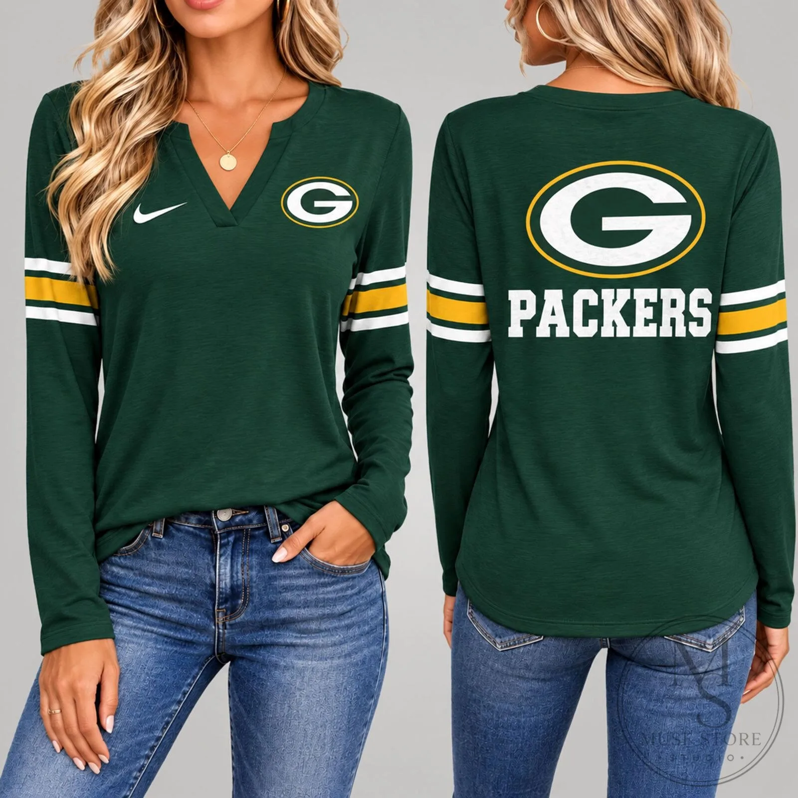 Green Bay Packers Women's Vintage V-Neck Long Sleeve T-Shirt