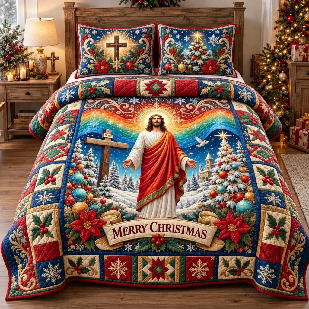 Jesus Christ Merry Christmas Winter Wonderland Quilted Bedding Set Jesus Christ Merry Christmas Winter Wonderland Quilted Bedding Set