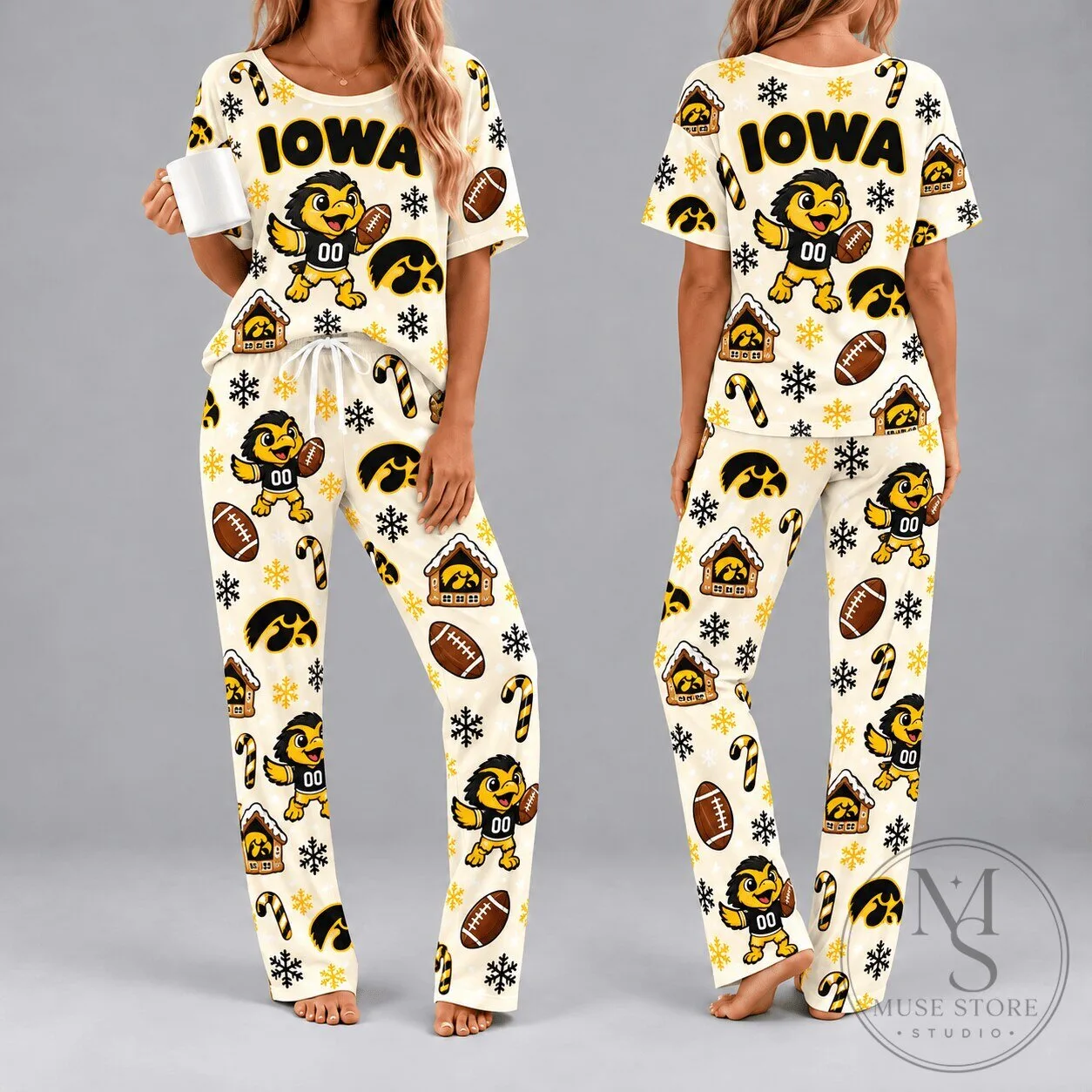 Iowa Hawkeyes Christmas Holiday Women's Pajamas Set with Football Theme