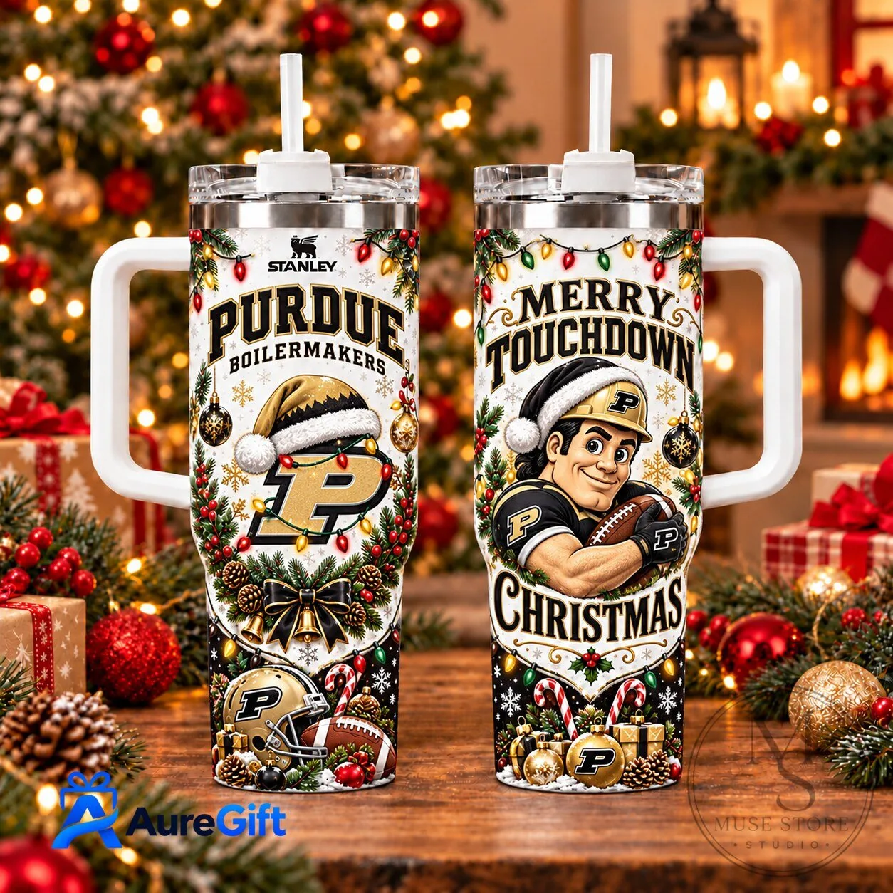 Purdue Boilermakers Merry Touchdown Christmas Holiday 40oz Tumbler with Handle