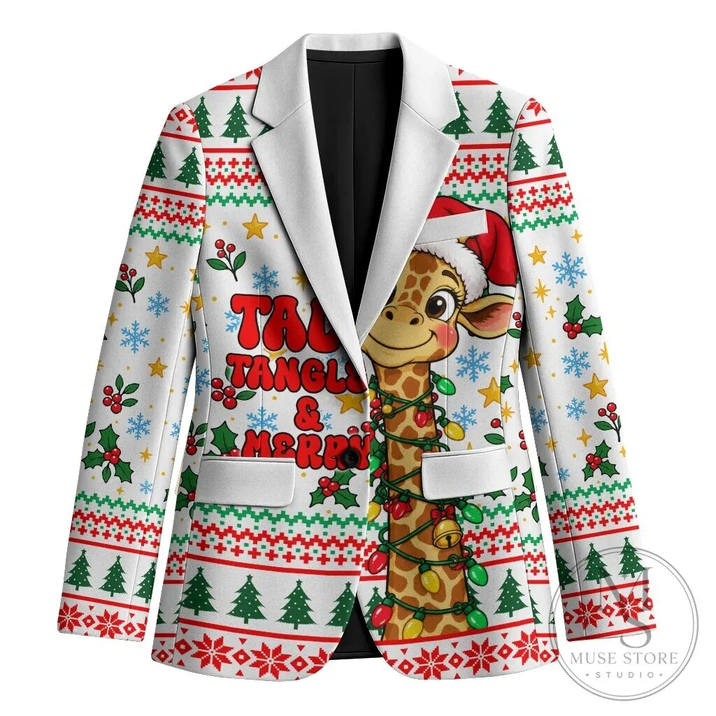 Cute Christmas Giraffe Lights Blazer Funny Tall Tangled Animal Santa Hat Blazer