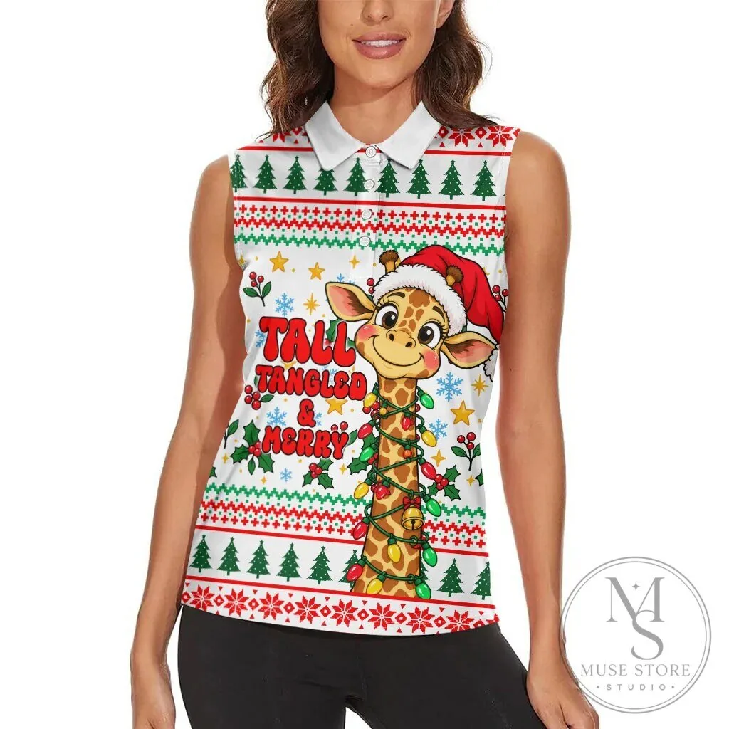 Tall Tangled and Merry Christmas Giraffe Lights Sleeveless Polo Shirt 16 Tall Tangled and Merry Christmas Giraffe Lights Sleeveless Polo Shirt