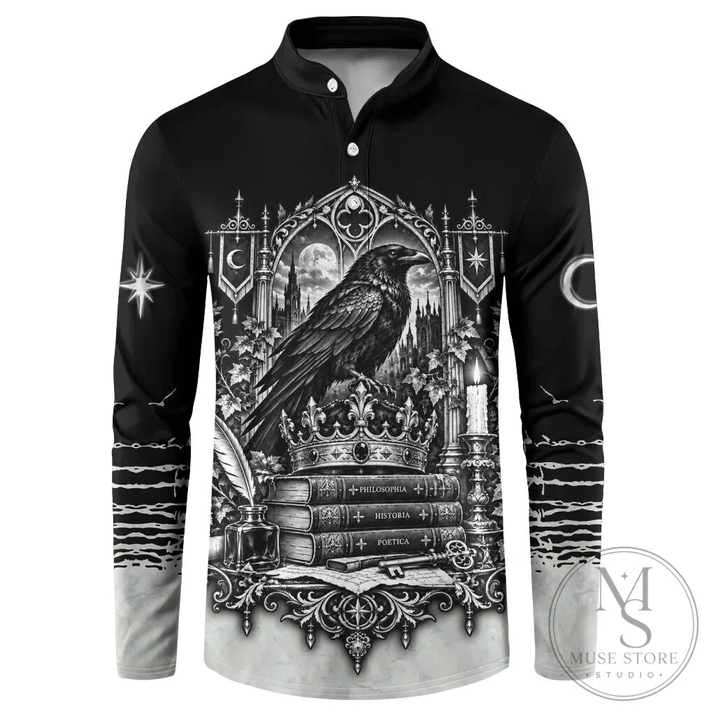 Dark Academia Raven Gothic Literature Vintage Bookish Aesthetic Long Sleeve Polo Shirt