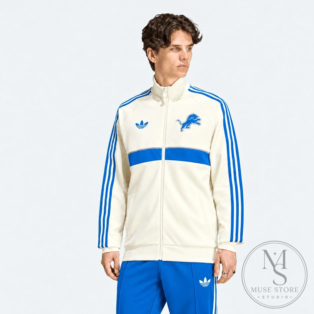 Detroit Lions Adidas White Blue Striped Full Zip Track Jacket 10 Detroit Lions Adidas White Blue Striped Full Zip Track Jacket