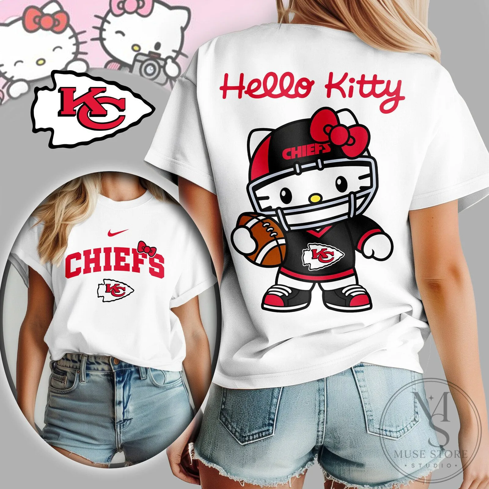 Kansas City Chiefs Hello Kitty Football Player Mascot Women's Graphic T-Shirt 1 Kansas City Chiefs Hello Kitty Football Player Mascot Women's Graphic T-Shirt