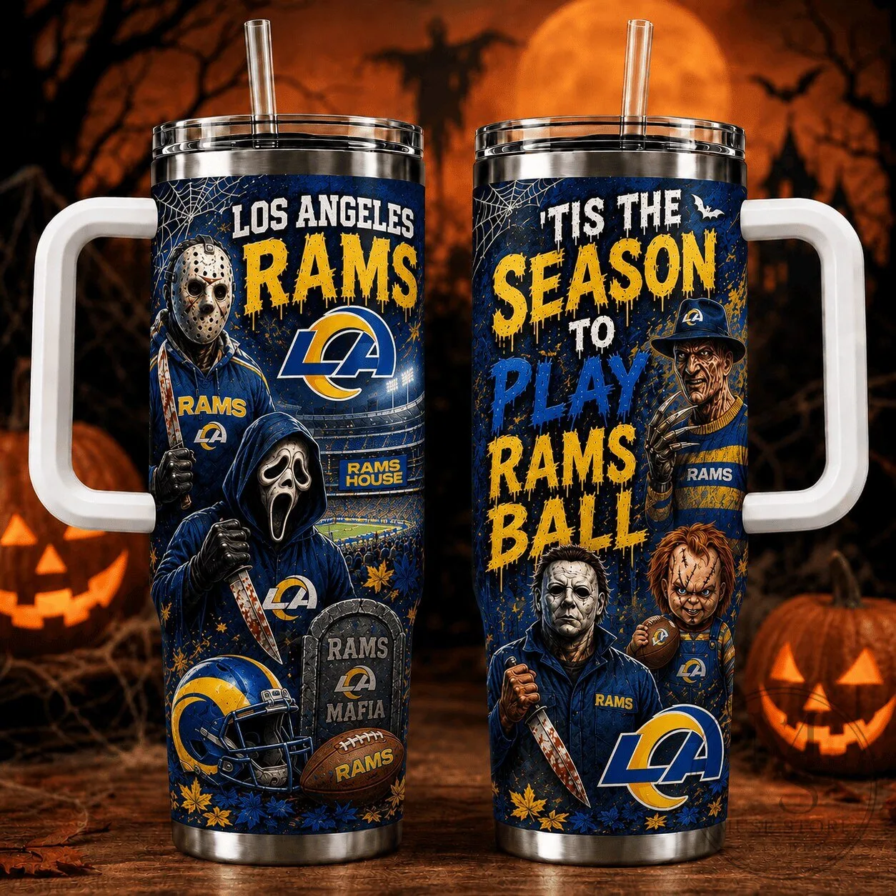 Los Angeles Rams Halloween Horror Movie Characters Football Fan Tumbler 6 Los Angeles Rams Halloween Horror Movie Characters Football Fan Tumbler
