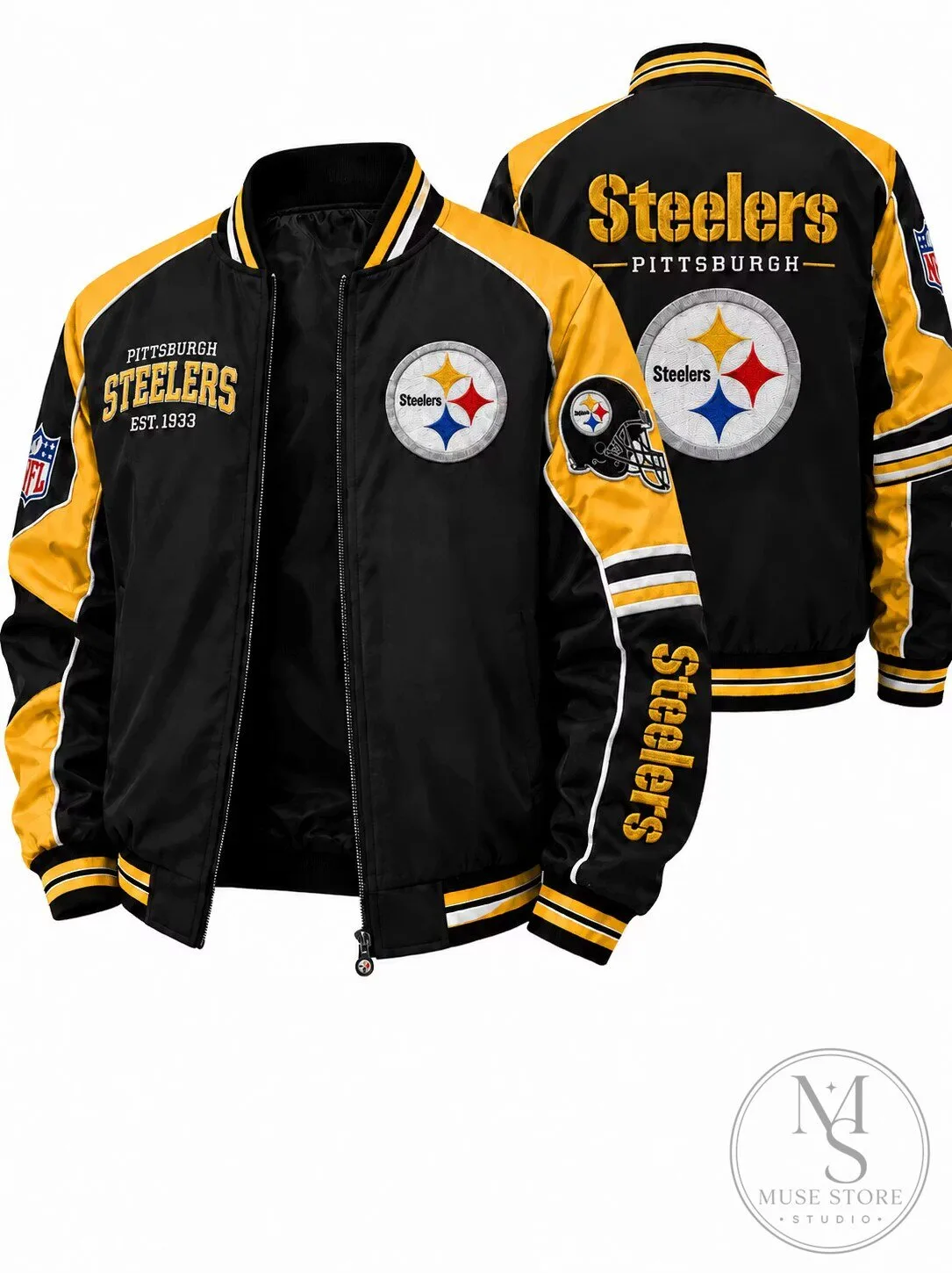 Pittsburgh Steelers NFL Football Team Black and Gold Bomber Jacket 2 Pittsburgh Steelers NFL Football Team Black and Gold Bomber Jacket