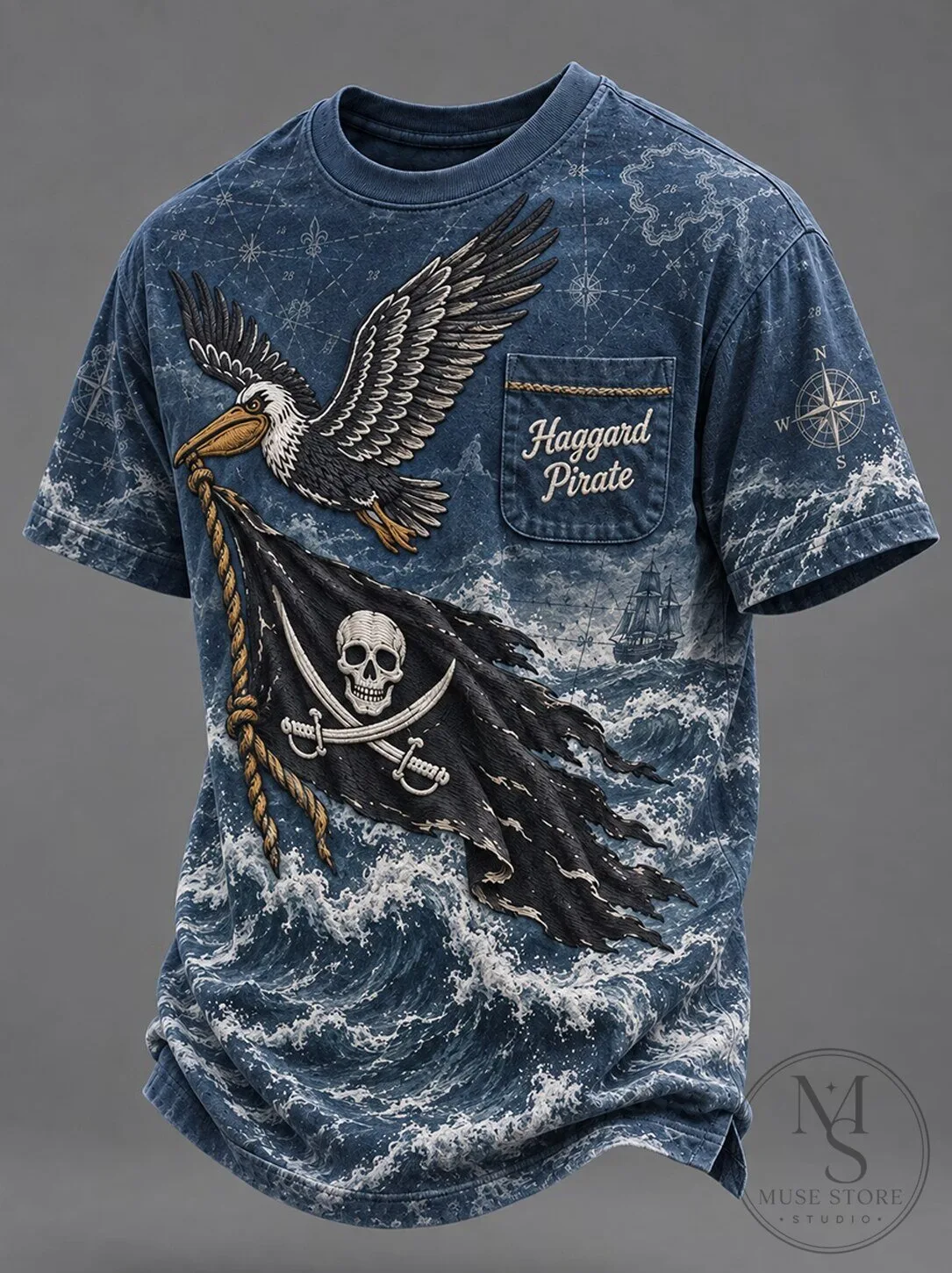 Haggard Pirate Pelican and Skull Flag Ocean Waves Graphic T-Shirt 2 Haggard Pirate Pelican and Skull Flag Ocean Waves Graphic T-Shirt