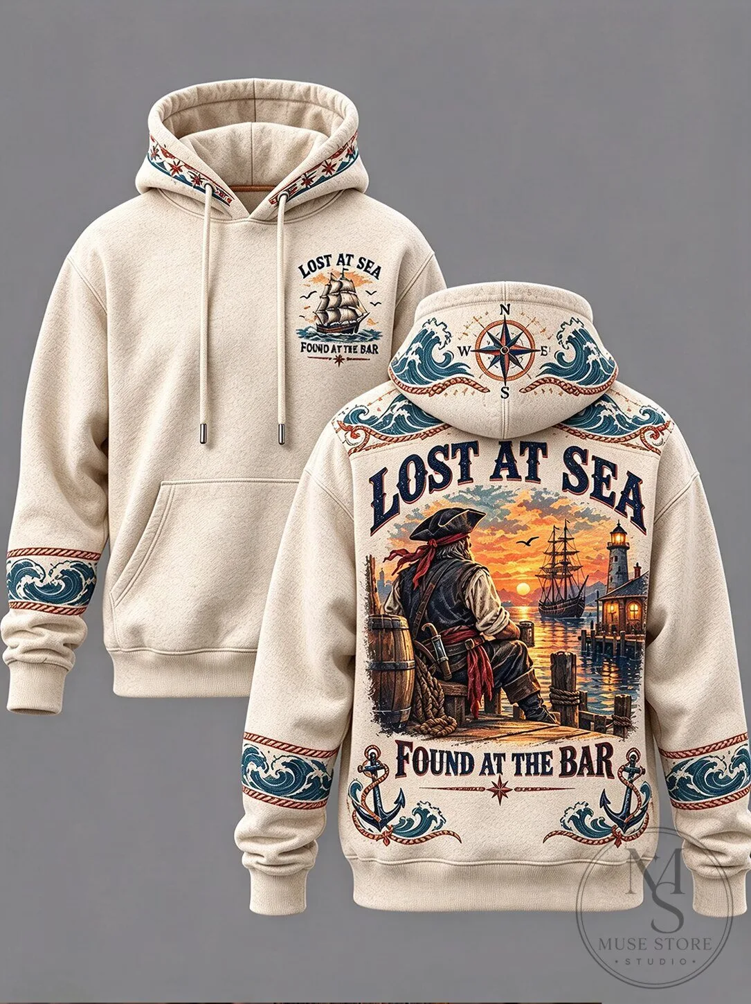 Lost At Sea Found At The Bar Pirate Ship Lighthouse Hoodie