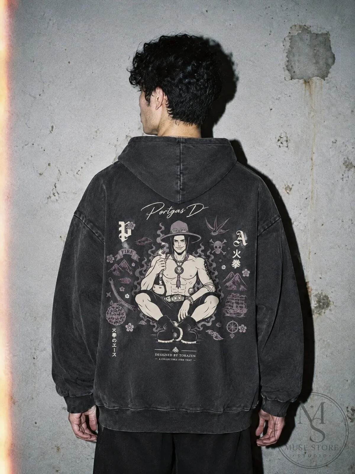 Portgas D. Ace Fire Fist One Piece Anime Vintage Washed Black Hoodie