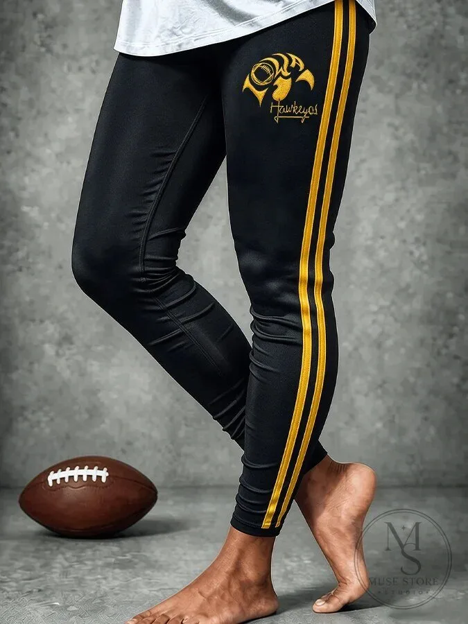 Iowa Hawkeyes Gold Stripe Black Football Leggings for Women 1 Iowa Hawkeyes Gold Stripe Black Football Leggings for Women